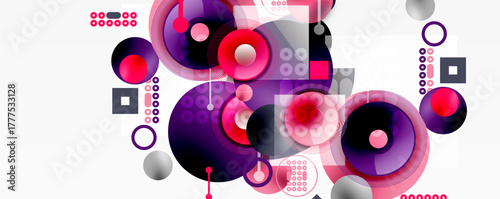 Abstract composition featuring circles, squares, dots. Purple, red hues dominate white background. Modern design elements create dynamic visual effect.