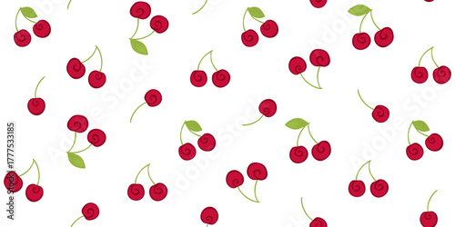 Cute red cherries with a curl and a green leaf on a white background. Summer endless texture with abstract berry. Hand drawn. Vector seamless pattern for wrapping paper, cover, surface texture, print