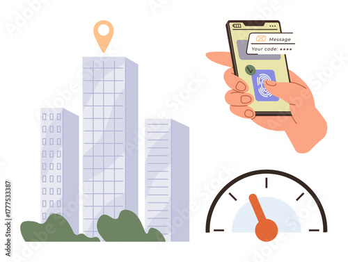 Smartphone with fingerprint scan for security, building with location marker, speedometer gauge. Ideal for technology, security, access control, navigation, urban management, efficiency simple flat