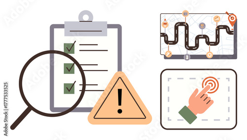 Magnifying glass over checklist, caution sign, interactive screen, roadmap for planning. Ideal for quality management, troubleshooting, decision-making, workflow optimization, navigation task