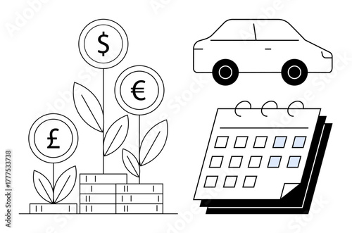 Currency plants growing from stacked coins, car icon, and calendar communicate sustainability, wealth planning, resource management, budget tracking, time scheduling, business strategy, and financial