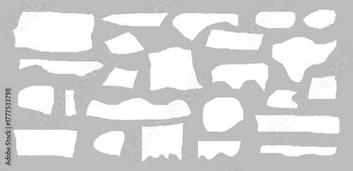 White ripped paper strips collection. Realistic paper scraps with torn edges. Sticky notes, shreds of notebook pages. 