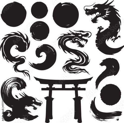 Japanese Dragon silhouette elements with torii gate and brush stroke circles