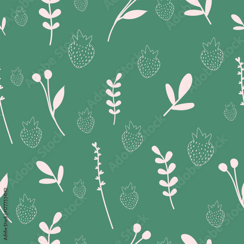 Muted Sage Green Hygge Botanical Seamless Pattern. Dusty Pink Wild Berry Vector.