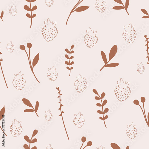 Dusty Rose Neutral Berry and Leaf Seamless Pattern. Terracotta Scandinavian Vector.