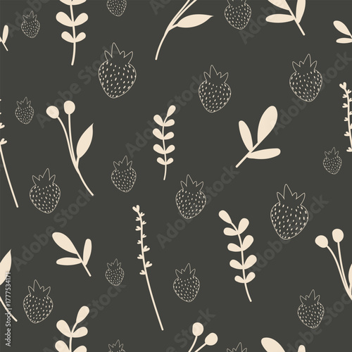 Charcoal Gray Botanical Seamless Pattern. Dark Hygge Berry and Cream Leaf Vector.