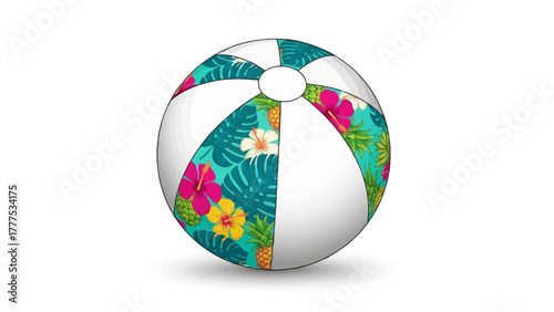 A beach ball with white panels and tropical floral and pineapple patterns