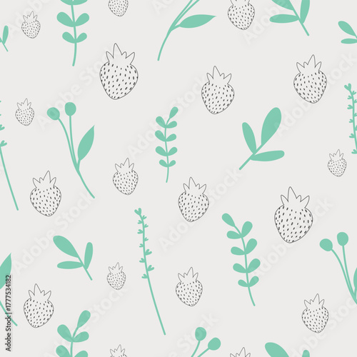 Pale Gray Minimalist Berry and Leaf Seamless Pattern. Mint Scandinavian Outline Vector.