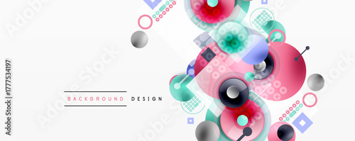 Abstract geometric shapes, circles, squares, lines create modern design. Light background enhances vibrant color palette.