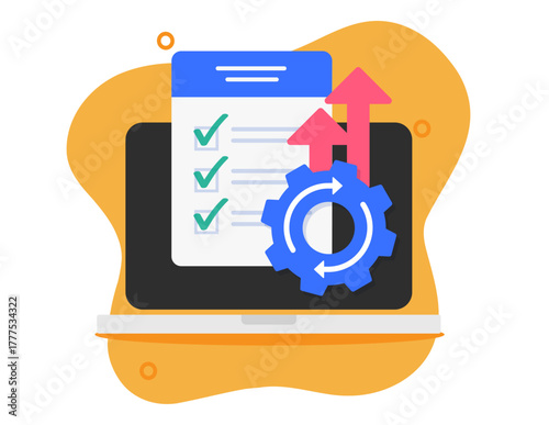 Improvement boost process automation technology icon on laptop pc computer modern flat graphic illustration, business workflow effectivity operation checklist upgrade, web seo quality performance