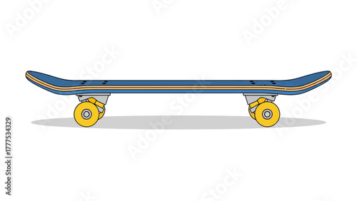 A blue skateboard with yellow wheels and a light gray underside is shown from the side