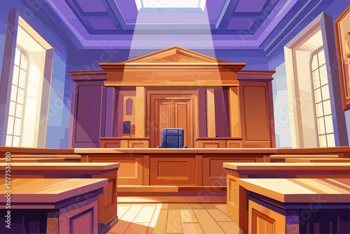 Cartoon courtroom interior with judges seat and benches for spectators, wooden decoration, morning light, justice, vector illustration