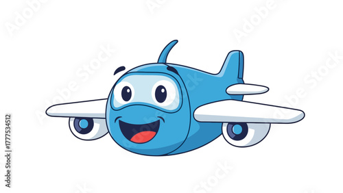 A cartoon blue airplane with a smiling face and large eyes