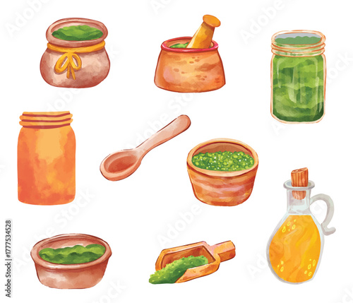 Set of Herbalist Tool. Hand Drawn Watercolor Vector Illustration. Isolated Elements on White Background