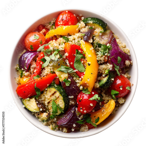 Healthy quinoa salad with roasted vegetables isolated on transparent background