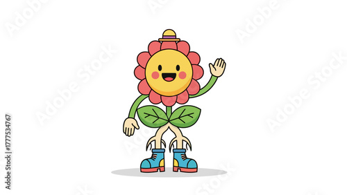 A cartoon flower character wearing boots and a hat waves