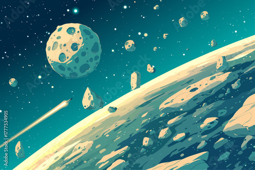 Cartoon spaceship flying near a planet in a meteorite field, space exploration, rocket in space, vector illustration