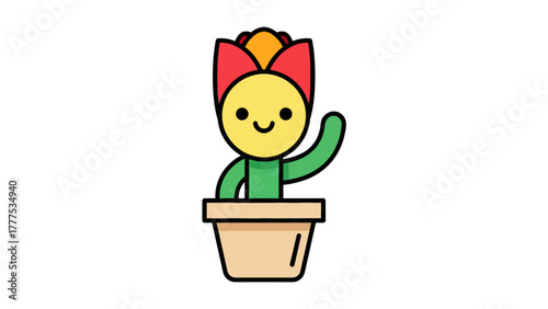 A cartoon potted cactus with a yellow face red petals and green arms