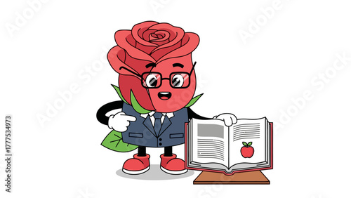 A cartoon red rose character wearing a suit and glasses holds an open book