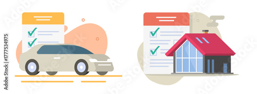 Insurance loan check list home or car icon vector graphic, mortgage credit contract agreement checklist illustration set, real estate or motor vehicle inspection exam test review, home house policy