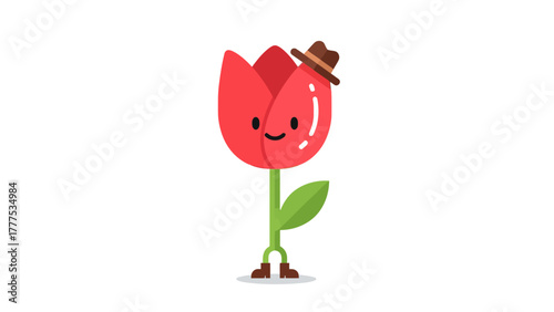 A cartoon red tulip wearing a brown hat and boots