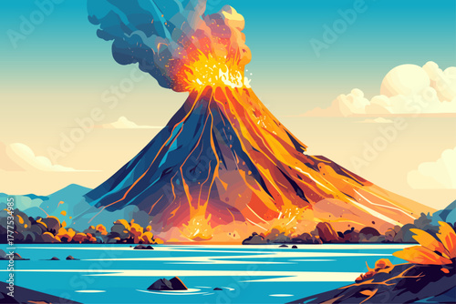 Cartoon volcanic eruption on an island on a clear day, natural disaster, ash cloud, lava rivers, vector illustration