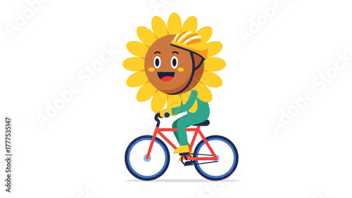 A cartoon sunflower character riding a bicycle