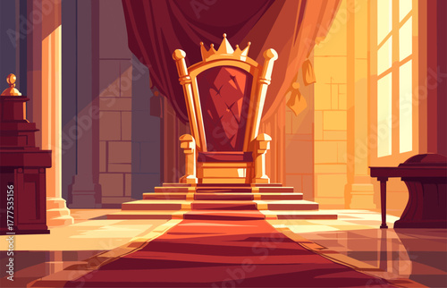 Morning hall of the royal castle with throne, red carpet, royal palace, vector illustration