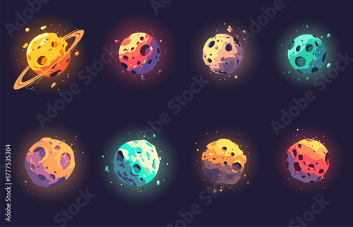 set of cartoon asteroids and planetoids in space, different shapes, destroyed with many fragments around, space bodies, vector illustration