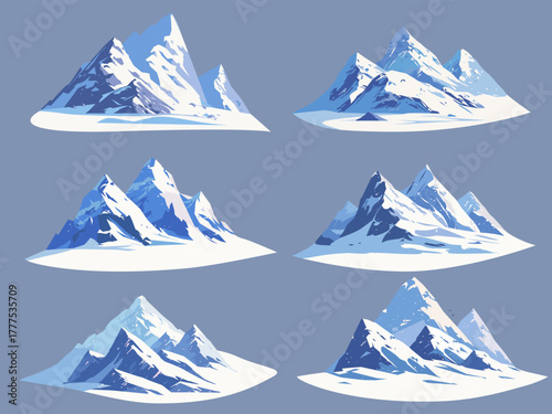 Set of cartoon snowy mountains, rocks and stones, winter landscapes, vector illustration