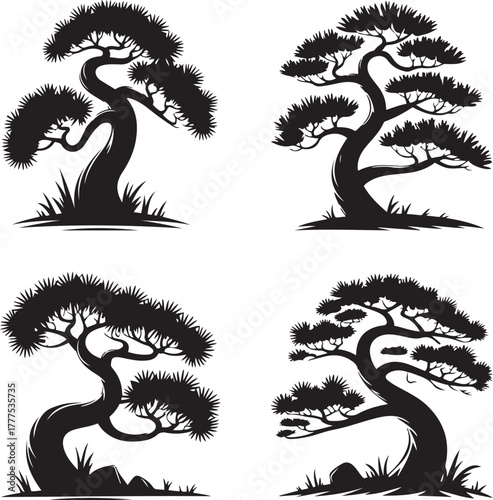 Black bonsai tree silhouettes collection