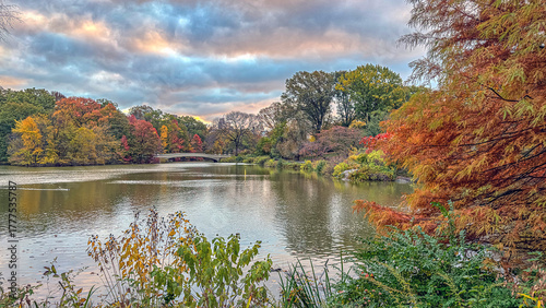 Bow bridge view in autumn at lake