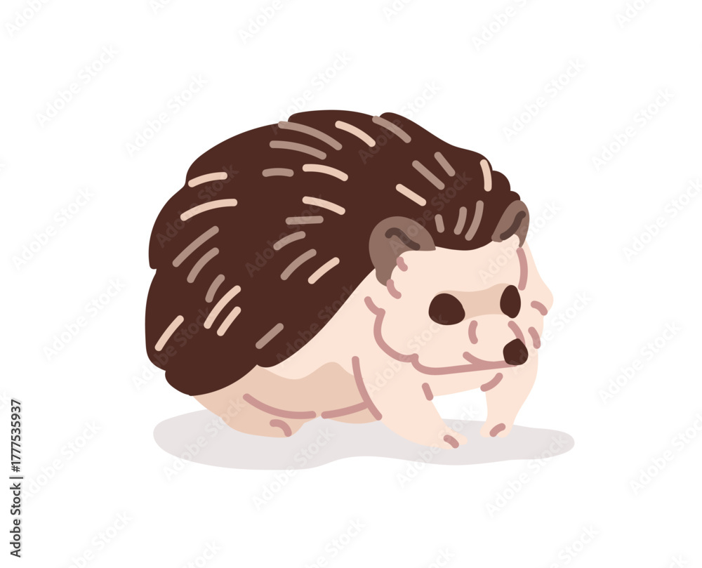 Fototapeta premium Cute hedgehog is walking. Prickly baby animal of forest is strolling. Happy wild rodent with needles, little porcupine. Woodland wildlife. Flat isolated vector illustration on white background