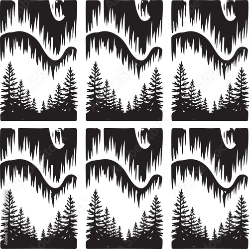 Aurora borealis icon set, northern lights, pine forest, winter, night, sky, landscape