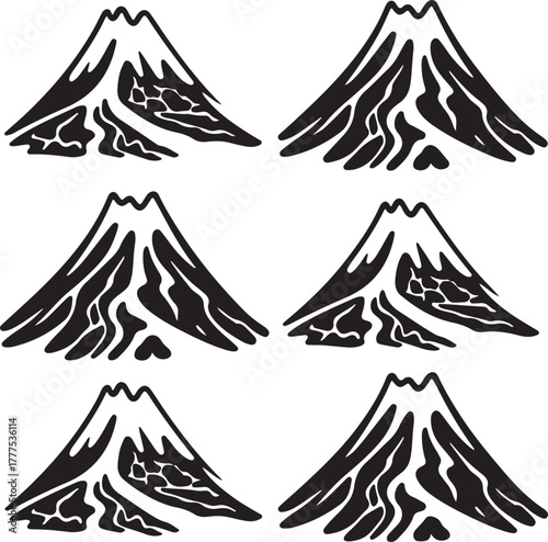 Volcano icon set, Mount Fuji, mountain, stylized, japan, lava, magma, eruption