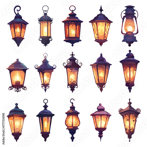 Set of vintage lamps and lighting fixtures, room and street lighting, candle and gas lamps, vector illustration