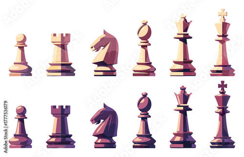 two sets of cartoon chess pieces of different colors, rook, pawn, knight, queen and king, vector illustration