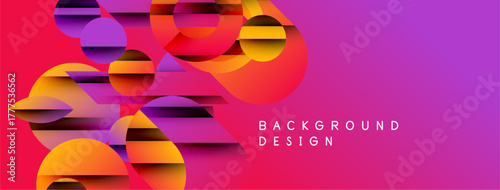 Abstract geometric shapes overlap, creating vibrant gradient effect. Purple, orange, pink hues dominate composition. Modern design element.