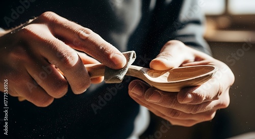 A craftsman meticulously sands a wooden spoon, smoothing its surface with sandpaper in a workshop, showcasing the artistry and precision involved in woodworking and spoon carving
