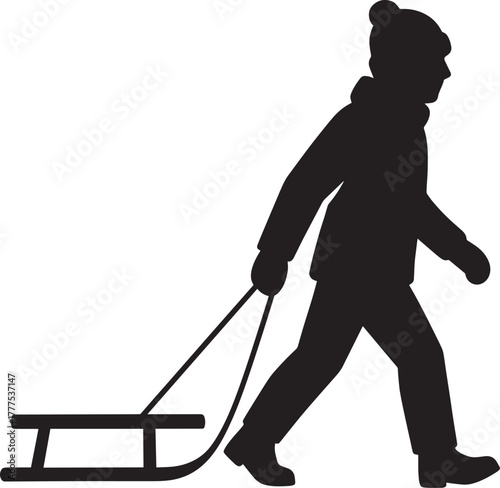 Person Pulling Sled Through Snow Silhouette | Winter Outdoor Activity Vector Illustration