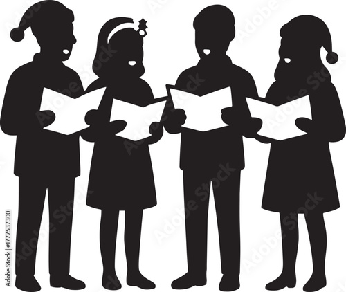 Group Singing Christmas Carols Silhouette – Festive Community Vector Art | Holiday Choir Illustration