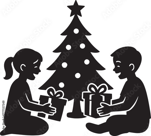 Children Opening Christmas Presents Silhouette – Festive Kids with Gifts Vector | Holiday Tree Design