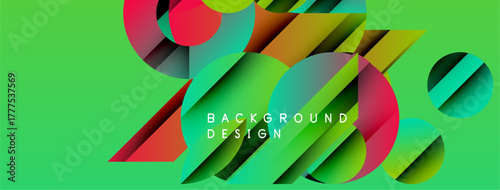 Bright abstract design features colorful geometric shapes. Vivid green backdrop complements dynamic composition. Modern visual element.