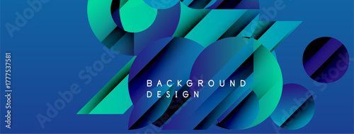 Abstract geometric shapes, vibrant blues, greens create dynamic background. Modern design elements suggest technology, innovation.