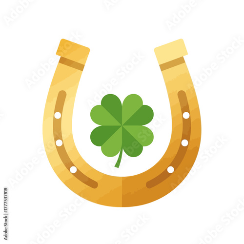 Golden horseshoe with green four leaf clover symbolizing luck and good fortune
