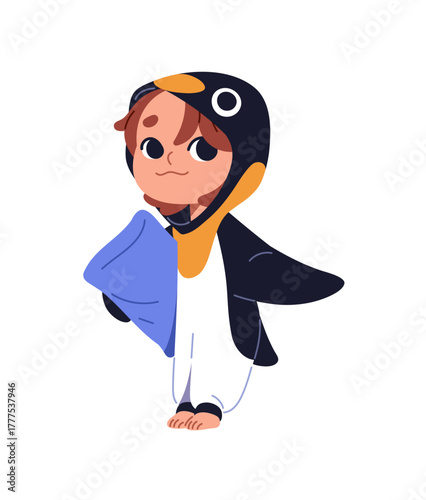 Cute kid in pajamas with penguin holds pillow. Happy child is wearing kigurumi. Girl in Halloween costume of bird with hood. Little boy in onesie of animal. Flat isolated vector illustration on white