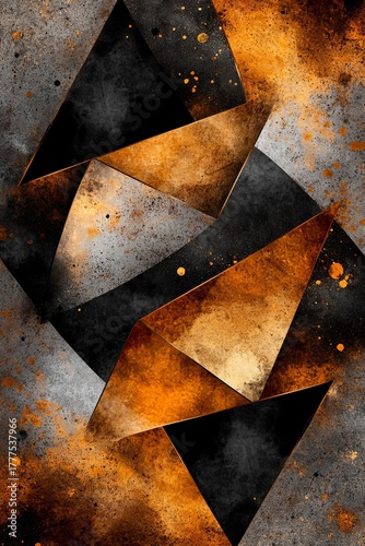 Geometric triangles in black and orange overlap with splattered paint on a textured gray background, creating an abstract design.