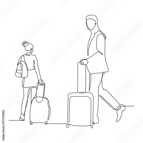 Continuous line drawing of traveler woman with luggage single line art.