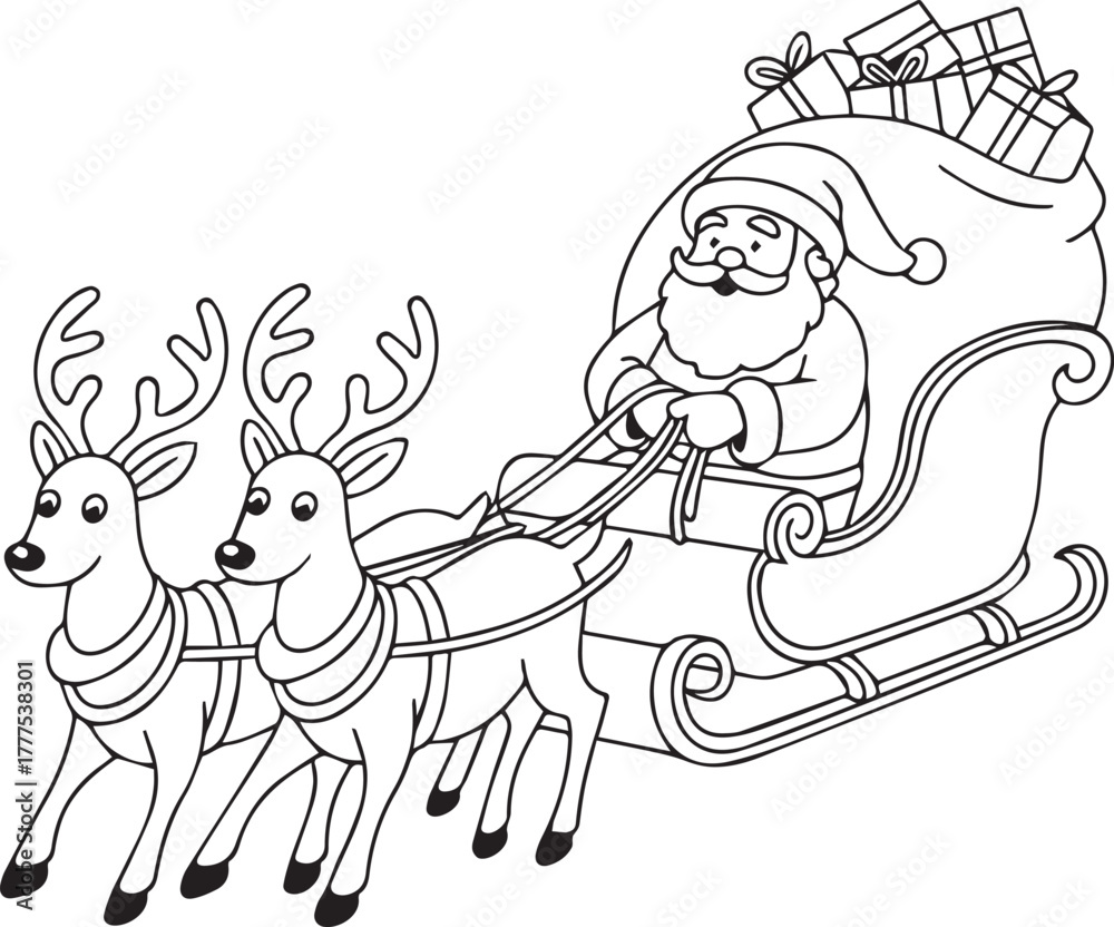 Fototapeta premium Classic black and white line art illustration of santa claus riding in his sleigh pulled by two reindeer filled with gifts perfect for christmas coloring pages and holiday designs