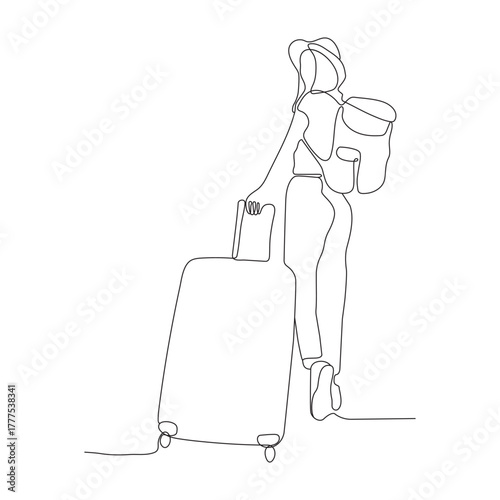 Continuous line drawing of traveler woman with luggage single line art.